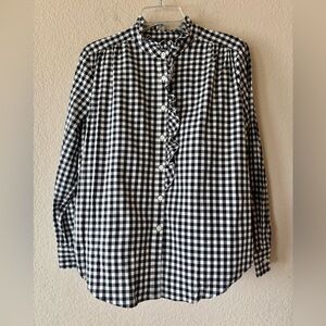 Ann Taylor Gingham Ruffle Button Up Shirt Size Large Black White Cotton Blend